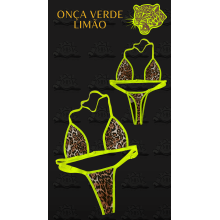 Biquíni de tecido que imita a fita para bronze MB Brasil - cor: onça com alças verde Neon - modelo praiano 