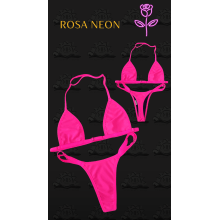 Biquíni de tecido que imita a fita para bronze MB Brasil - cor: rosa com alças rosa Neon - modelo praiano  
